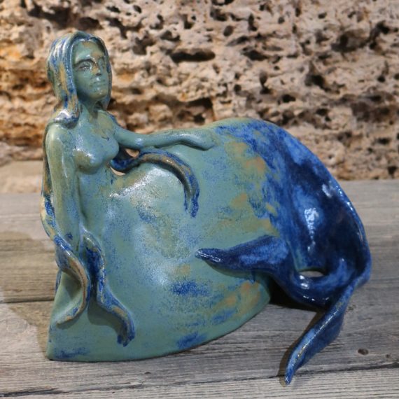 Sirena blu, scultura in gres, pezzo unico, fatto a mano, made in Tuscany