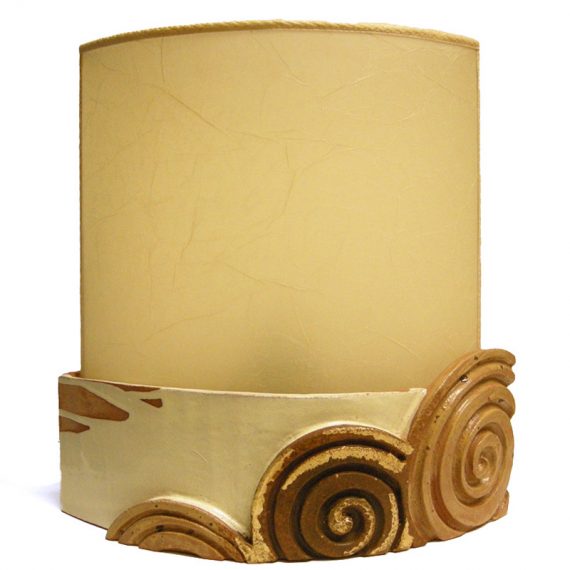 Ceramic table lamp featuring spirals, parchment lampshade. Pottery lights handmade in Tuscany