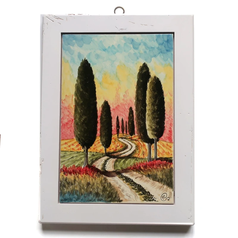 Paesaggio toscano quadro ceramica dipinto a mano con cornice in legno bianco, tuscany landscape handpainted in ceramic wooden frame