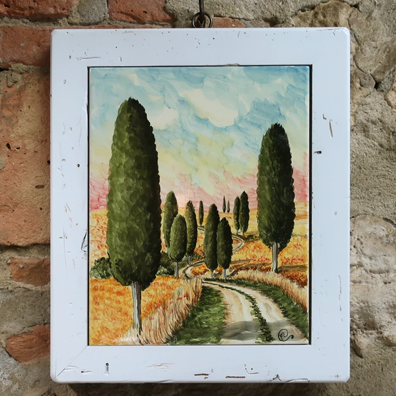 Paesaggio toscano quadro in ceramica dipinto a mano con cornice in legno, tuscany landscape handpainted in ceramic with wooden frame