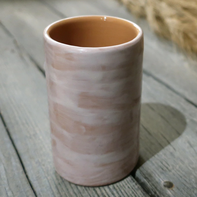 bicchiere porta spazzolini in ceramica dipinto a mano beige e terracotta,hand-painted toothbrush holders in ceramic rustic