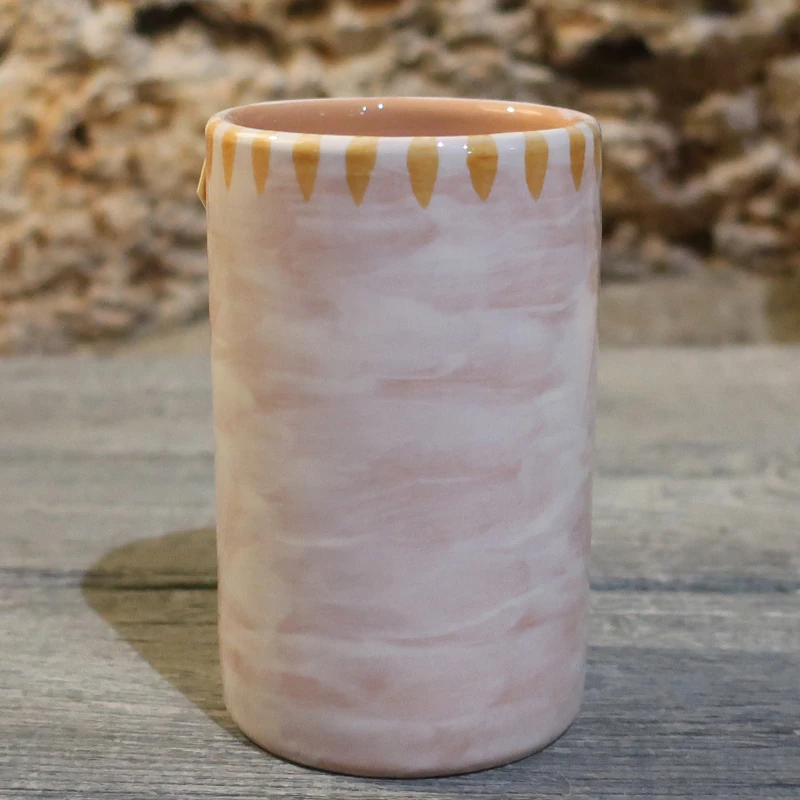 bicchiere porta spazzolini in ceramica dipinto a mano giallo arancio, hand-painted toothbrush holders in ceramic