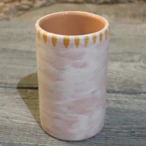 bicchiere porta spazzolini in ceramica dipinto a mano giallo arancio,handmade ceramic toothbrush holder yellow