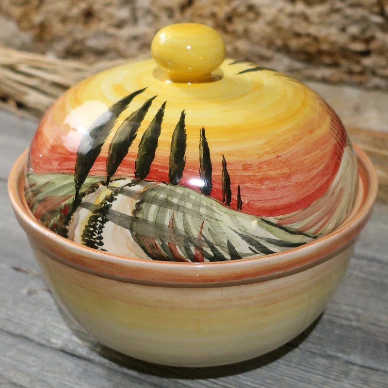 biscottiera ceramica dipinta a mano con paesaggio toscano, box for cookies tuscany landscape handpainted in ceramic