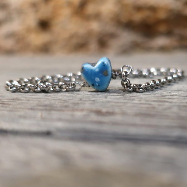 braccialetto acciaio con cuore azzurro in ceramica, steel bracelet with blue ceramic heart