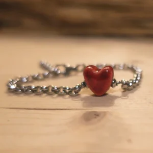 braccialetto acciaio con cuore rosso in ceramica, steel bracelet with red ceramic heart