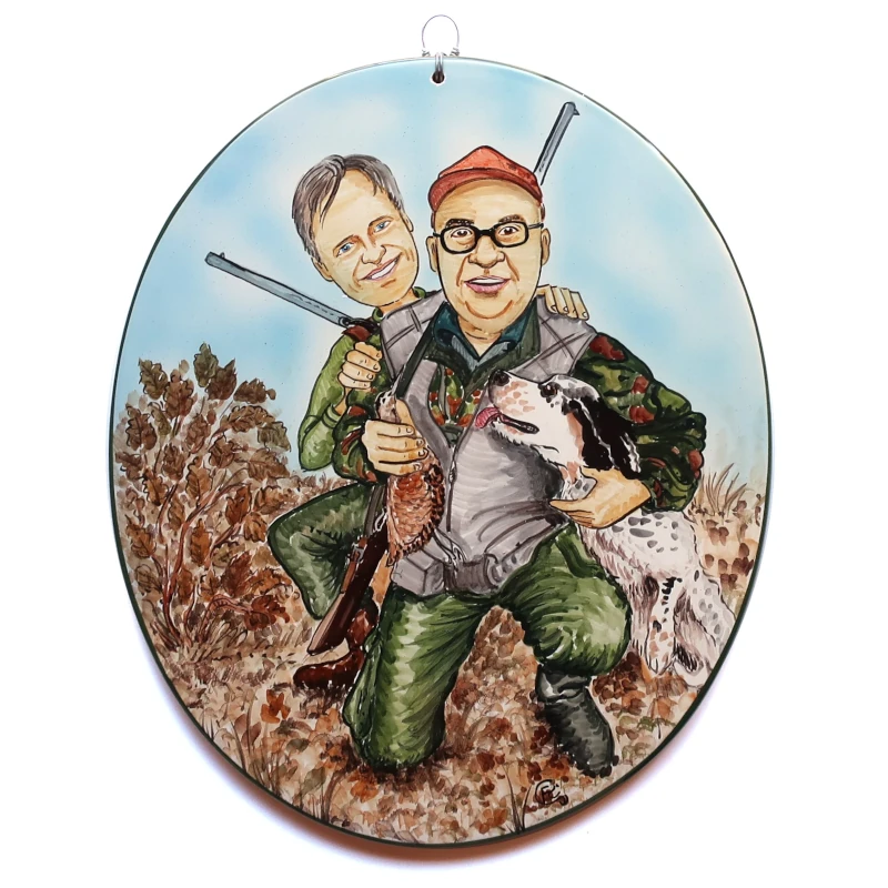 caricatura targa ceramica personalizzata amici caccia dipinta a mano stile fumetto, hand painted ceramic tile caricature in comics style