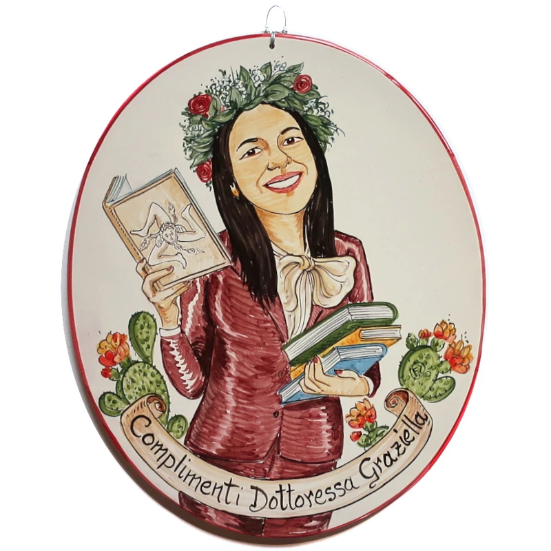 caricatura targa ceramica personalizzata festa laurea dipinta a mano stile fumetto, hand painted ceramic tile caricature in comics style for degree