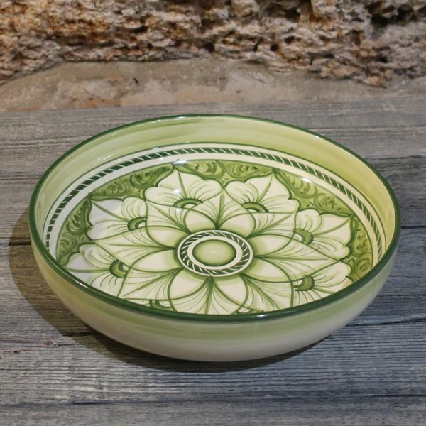 centrotavola ceramica artigianale vassoio con decorazione verde, green bowl centerpiece in ceramic handmade in tuscany