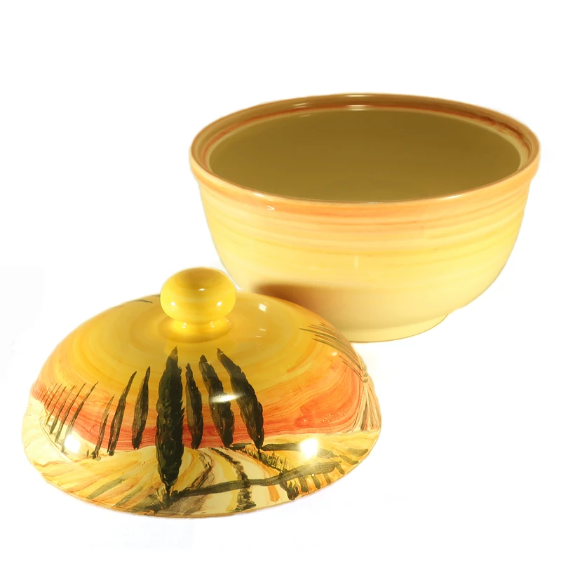centrotavola porta cioccolatini in ceramica con paesaggio artigianato toscana, landscape handpainted cookie jar in ceramic handcrafted in tuscany
