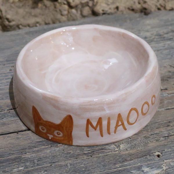 ciotola pappa per gatto in ceramica con gatto rosso dipinto a mano, handpainted ceramic cat food and water bowl with red cat