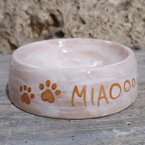 ciotola per gatto in ceramica dipinta a mano con impronte e miao, ceramic cat bowl with handpainted footprints and miao