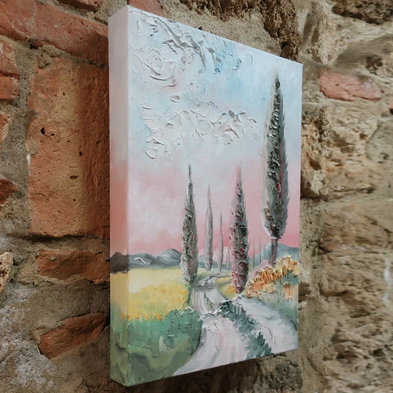 cipressi toscana olio su tela sarteano, cypress tuscany painting oil on canvas sarteano