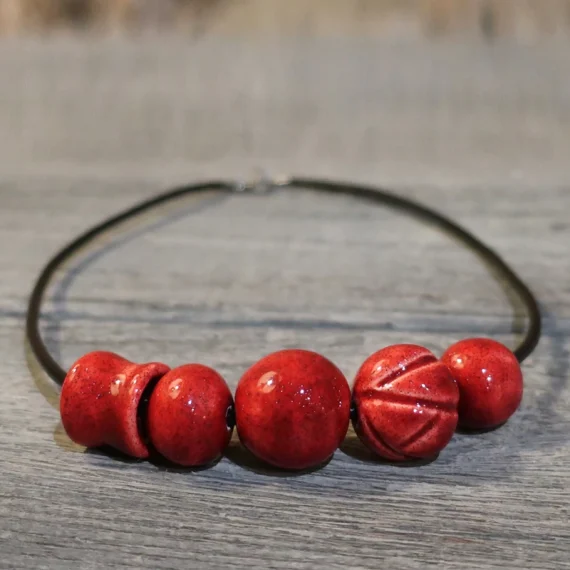 Necklace with red ceramic beads, handmade in Tuscany, one of a kind