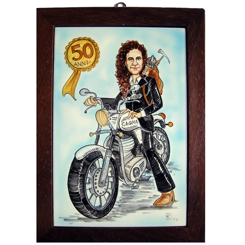 compleanno caricatura dipinta a mano personalizzata con moto, for birthday custom caricature with motorcycle hand painted