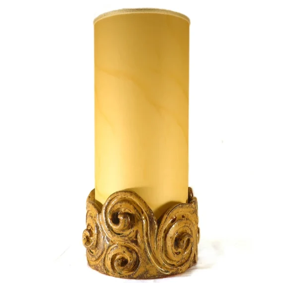 Cylinder ceramic table lamp featuring spirals, parchment lampshade. Pottery lights handmade in Tuscany