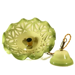 lampada sospensione verde in ceramica intagliata fatta a mano, handmade green pendant lamp in ceramic