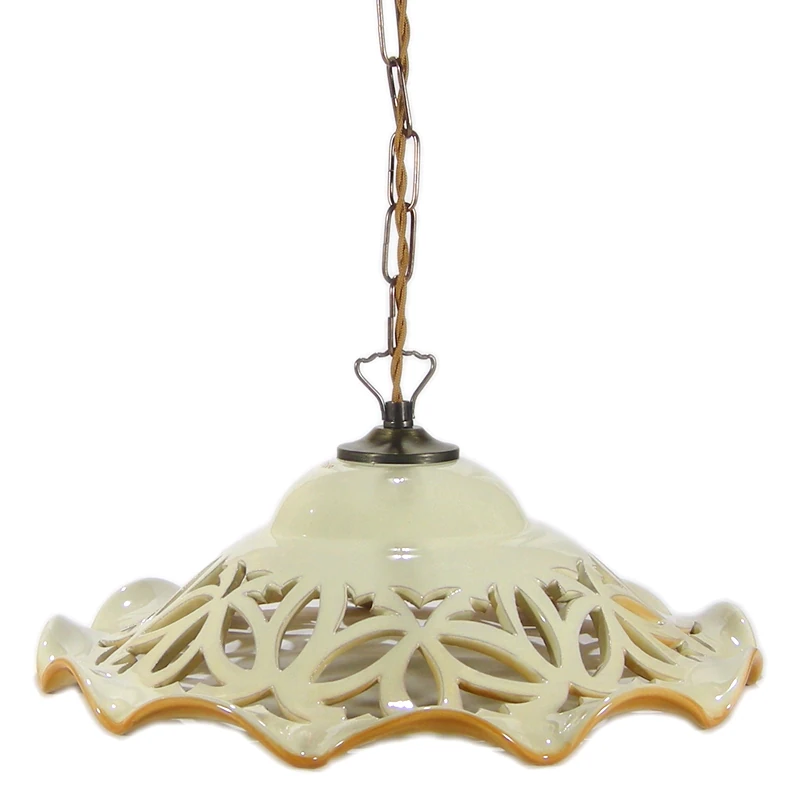lampadario ceramica intagliato ocra dipinto a mano, carved pendant lamp in ceramic handpainted ochre color