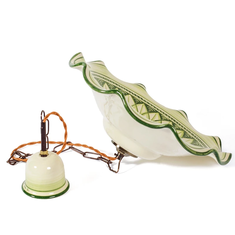 lampadario ceramica verde dipinto a mano, green pendant lamp in ceramic handmade in tuscany