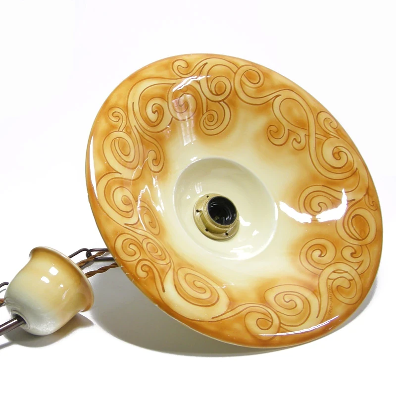 lampadario in ceramica spirali ocra dipinto a mano, ochre pendant lamp in ceramic made in tuscany
