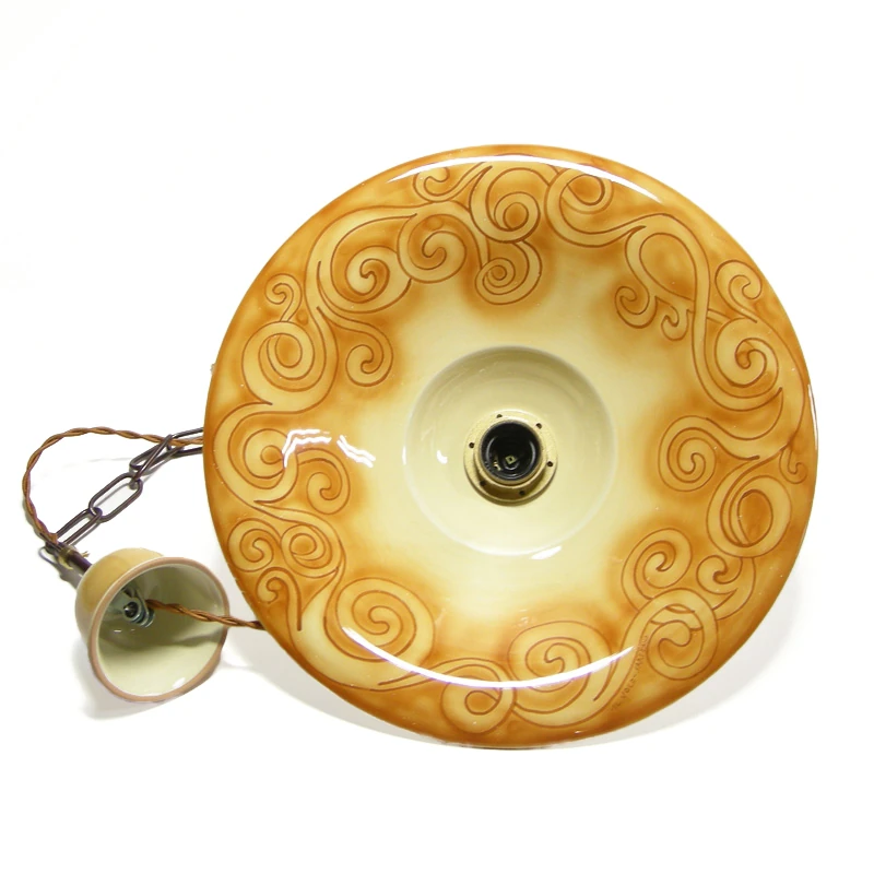 lampadario in ceramica spirali terra di siena dipinto a mano, ochre pendant lamp in ceramic made in tuscany