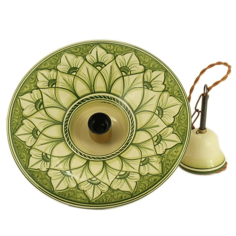 lampadario in ceramica verde dipinto a mano, green pendant lamp in ceramic made in italy