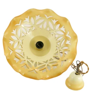 lampadario intagliato ceramica toscana artigianato, carved pendant lamp in ceramic ochre color made in tuscany