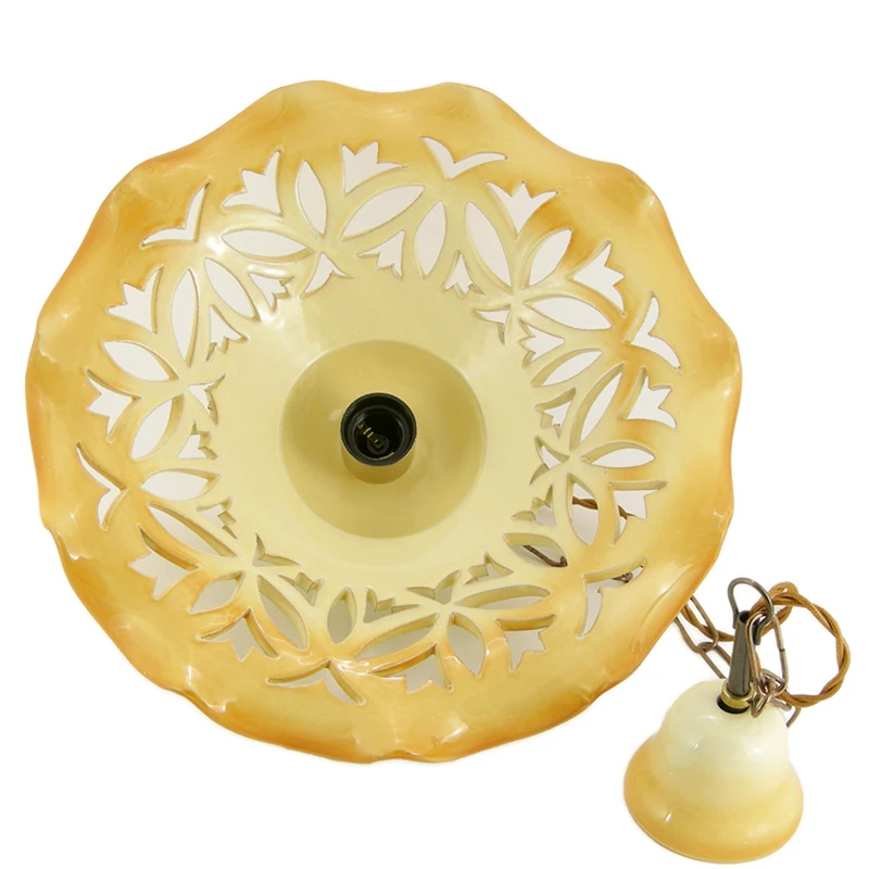 lampadario intagliato ceramica toscana artigianato, carved pendant lamp in ceramic ochre color made in tuscany