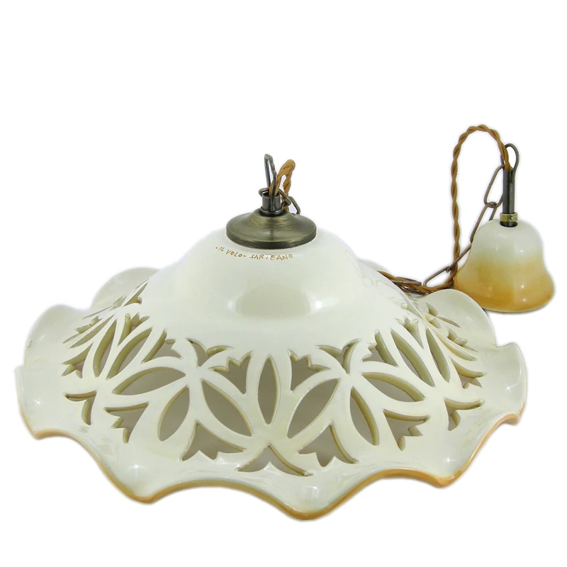 lampadario intagliato ocra ceramica toscana artigianato, burnt sienna carved pendant lamp in ceramic made in tuscany