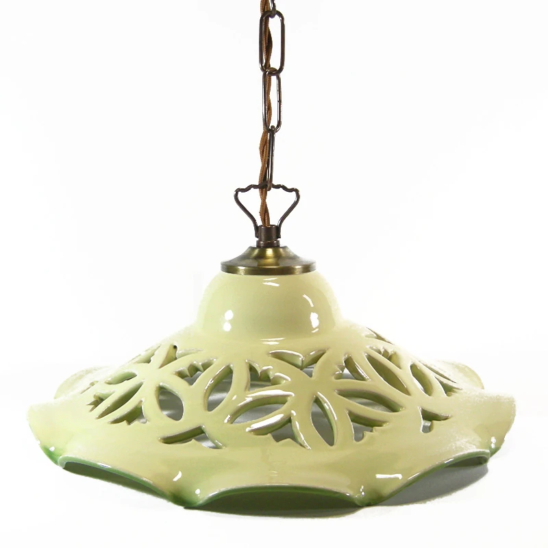 lampadario verde intagliato ceramica artigianato toscana, green carved pendant lamp in ceramic made in tuscany