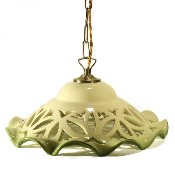 lampadario verde intagliato ceramica toscana artigianato, green carved pendant lamp in ceramic made in tuscany