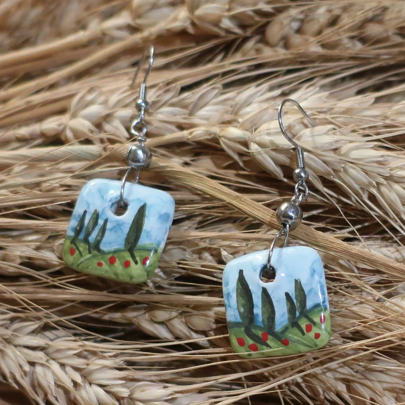 orecchini ceramica paesaggio toscano made in tuscany, ceramic earrings tuscany