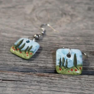 orecchini con paesaggio dipinto a mano ceramica toscana, earrings in pottery with hanpainted tuscany landscape