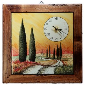 orologio in ceramica con paesaggio toscano, ceramic clock with tuscan landscape