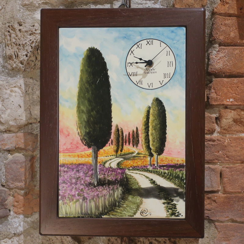 orologio in legno e ceramica con paesaggio cipressi toscana, wall clock ceramic and wood with tuscany landscape and cypresses