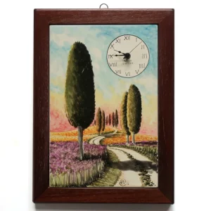 orologio legno e ceramica con paesaggio cipressi toscana, wall clock ceramic and wood with tuscany landscape and cypresses