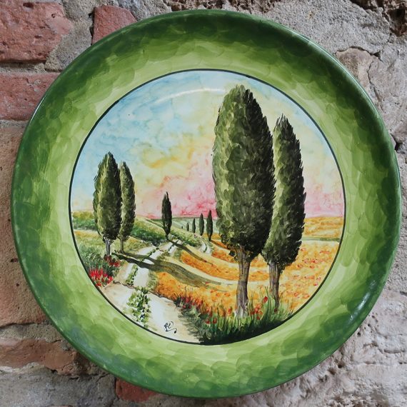 Paesaggio toscano, piatto da parete in ceramica dipinto a mano in Toscana cm. 30