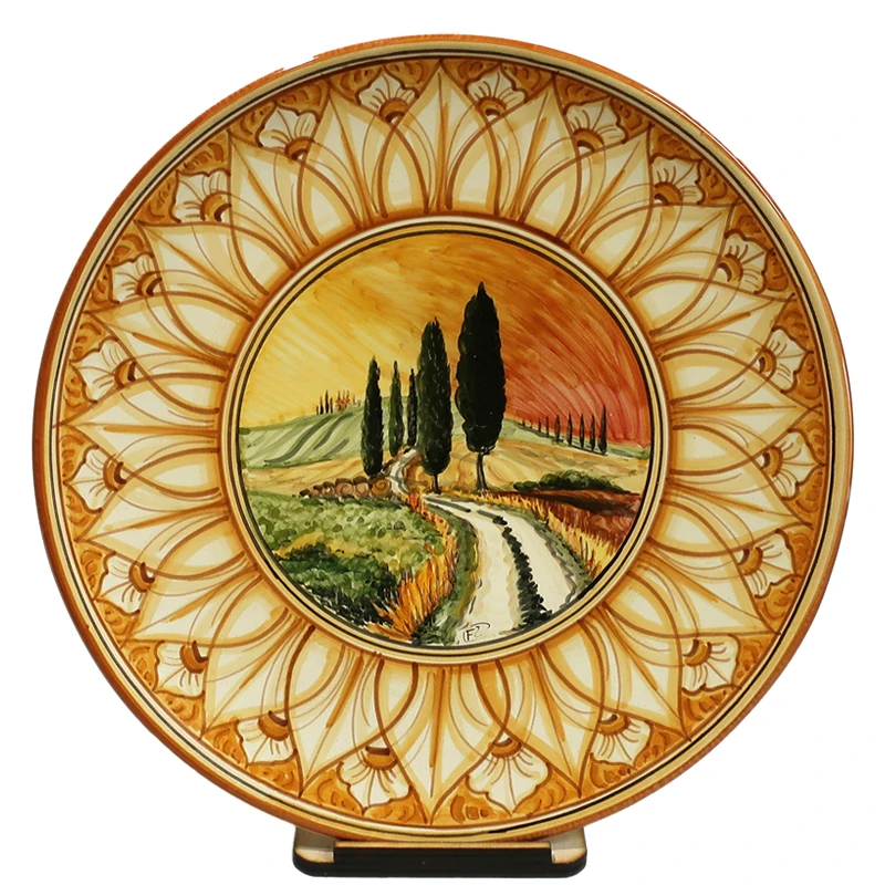 piatto in ceramica terra di siena con paesaggio, ceramic plate burnt sienna color with landscape