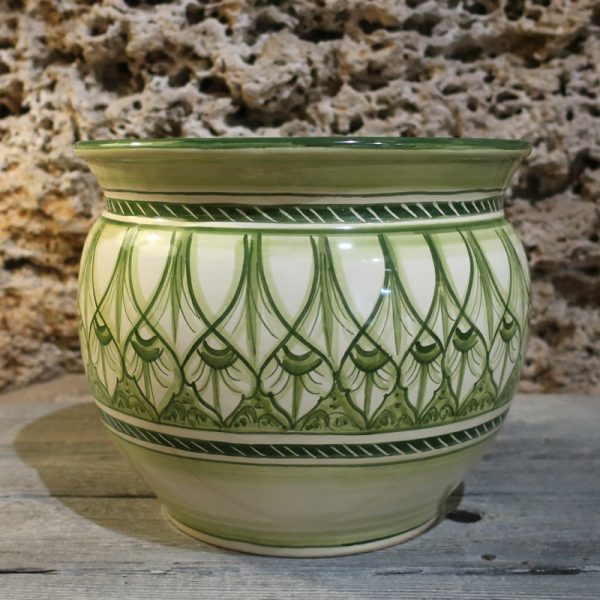 porta vaso in ceramica verde cachepot dipinto a mano in toscana, hand painted green pot cover in ceramic made in tuscany