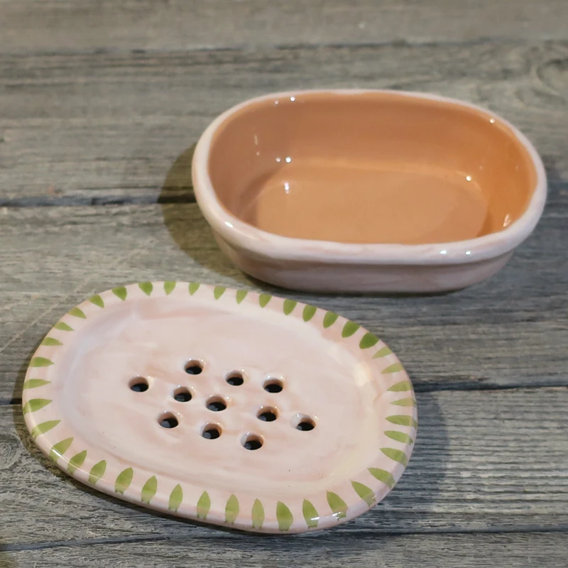 portasapone 2 pezzi con fori verde ceramica artigianale bagno, ceramic soap dish handcrafted in ceramic