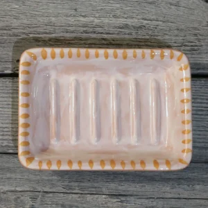 portasapone in ceramica dipinto a mano con motivo giallo arancio,hand painted ceramic soap dish yellow orange