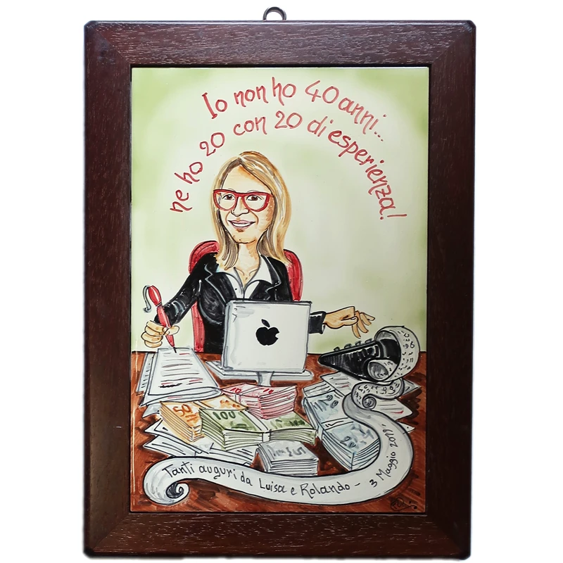 quadro in ceramica con cornice legno caricatura per compleanno 40 anni, ceramic painting with wooden frame custom gift caricature birthday 40 years