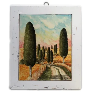 quadro in ceramica dipinto a mano in Toscana con paesaggio e cornice in legno, tuscany landscape handpainted in ceramic with wooden frame