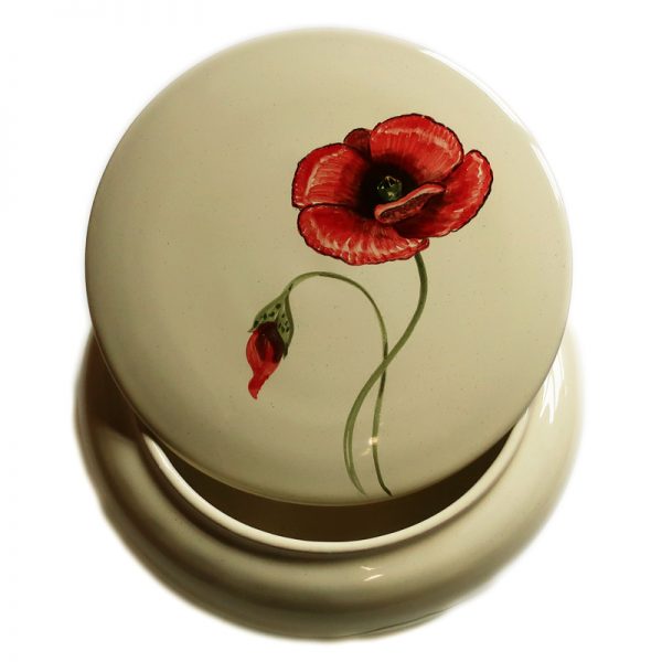 scatola ceramica con papavero rosso dipinto a mano in toscana, ceramic box with red poppy handmade in tuscany