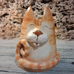 scultura gatto arancione in ceramica artigianato sarteano toscana, sculpture cat in pottery