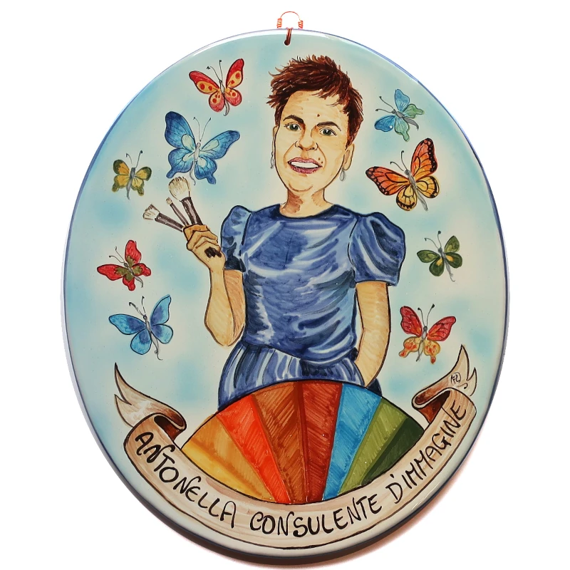 targa ceramica consulente immagine caricatura personalizzata dipinta a mano, hand painted ceramic tile caricature in comics style