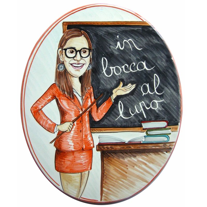 targa ceramica laurea in bocca al lupo idea regalo personalizzato caricatura, ceramic tile hand painted caricature cartoon style for good luck