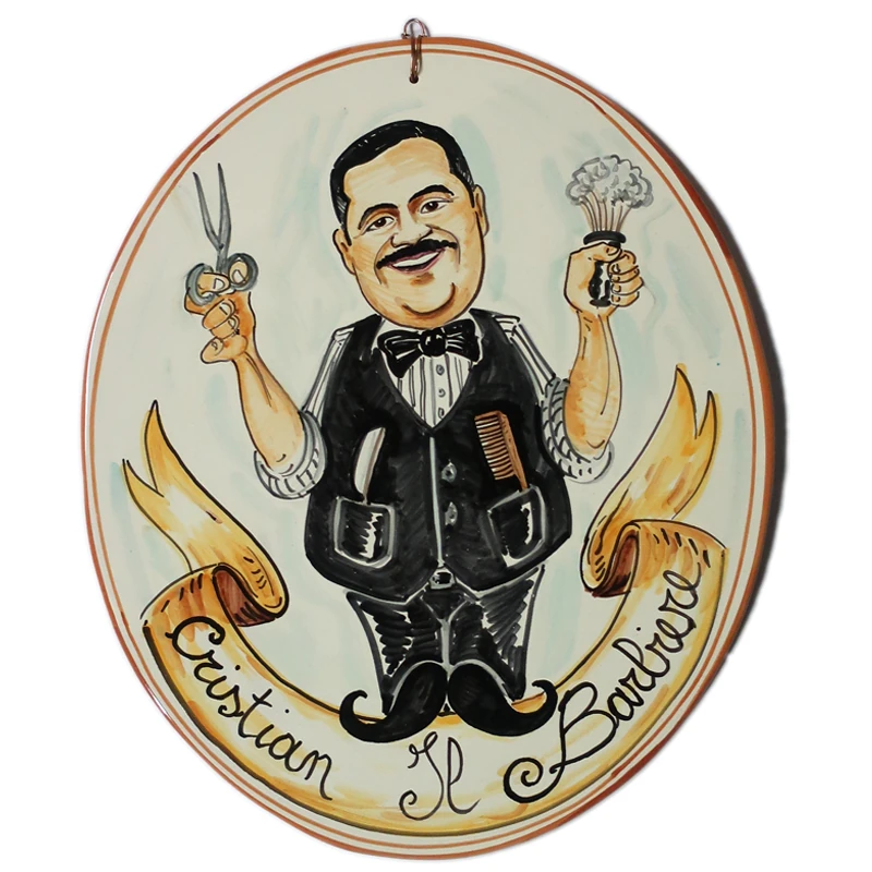 targa ceramica mestiere barbiere umoristico caricatura dipinta a mano, ceramic tile hand painted caricature cartoon style for barber shop