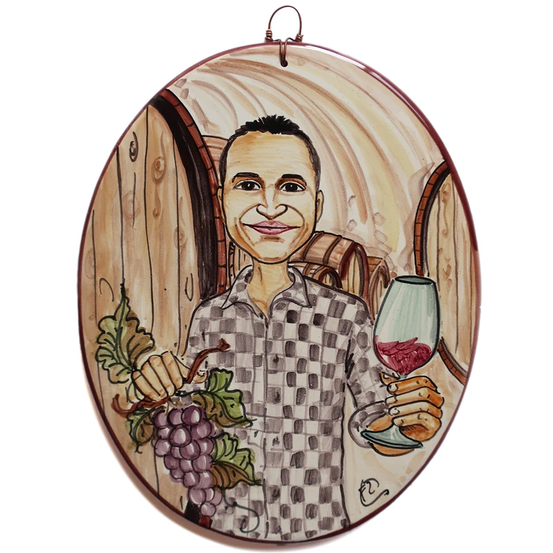targa ceramica mestiere regalo personalizzato enologo caricatura dipinta a mano, ceramic tile hand painted caricature cartoon style for winemaker