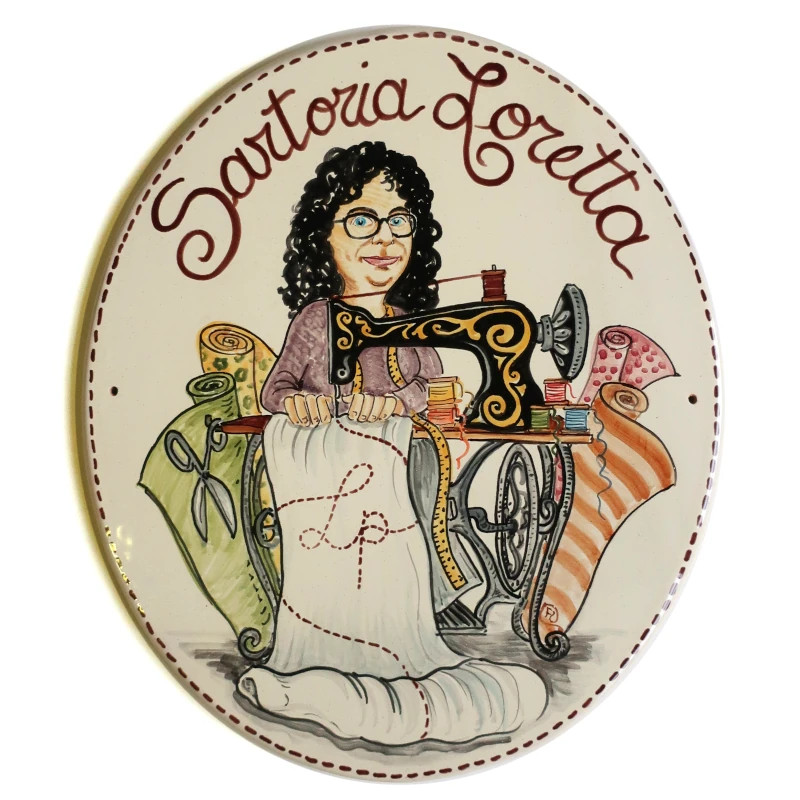 targa ceramica regalo personalizzato insegna sartoria dipinta a mano, hand painted ceramic tile caricature in comics style